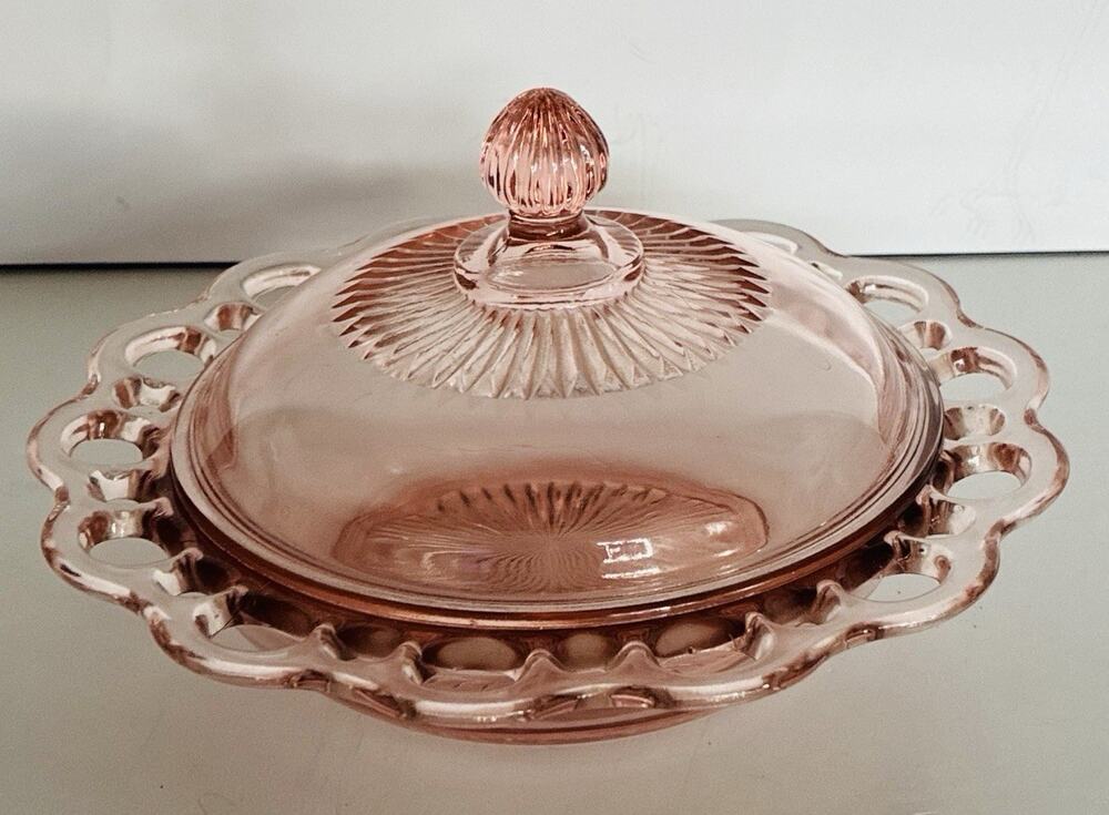 Vtg Old Colony Pink Open Lace Glass covered dish 1930 Anchor Hocking